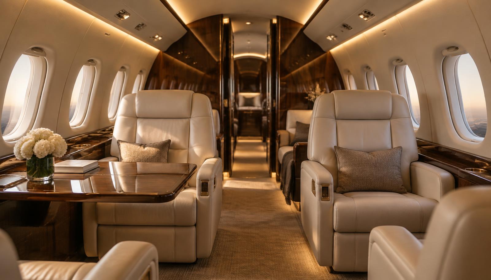 Private aircraft cabin interior with leather and specialty materials