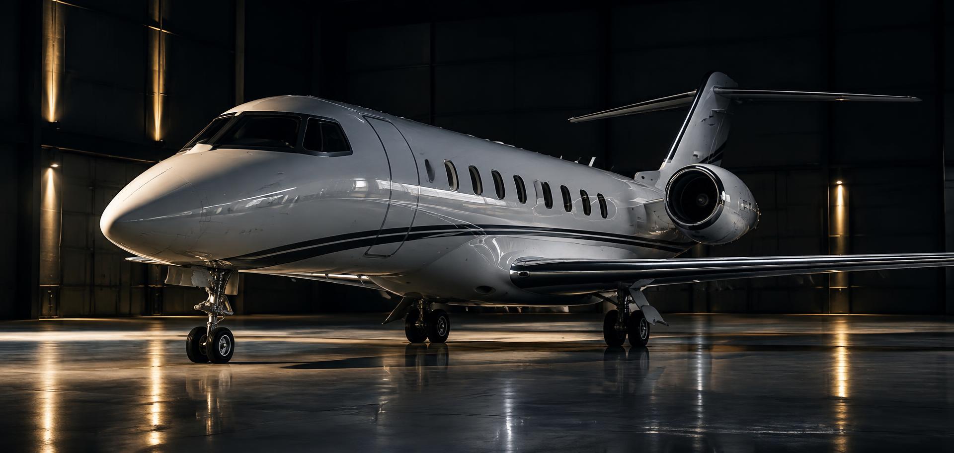 Private jet inside a dark premium hangar